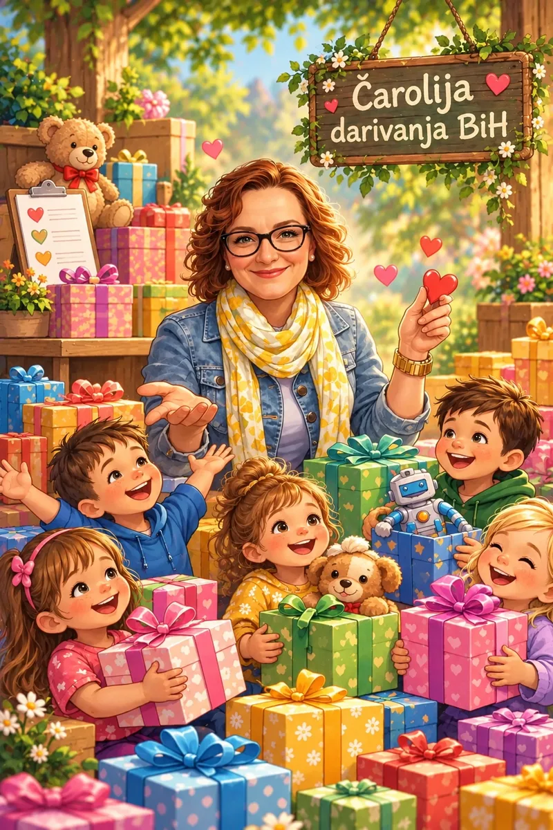 Ilustracija: Belma, osnivačica Čarolije, okružena djecom i poklonima